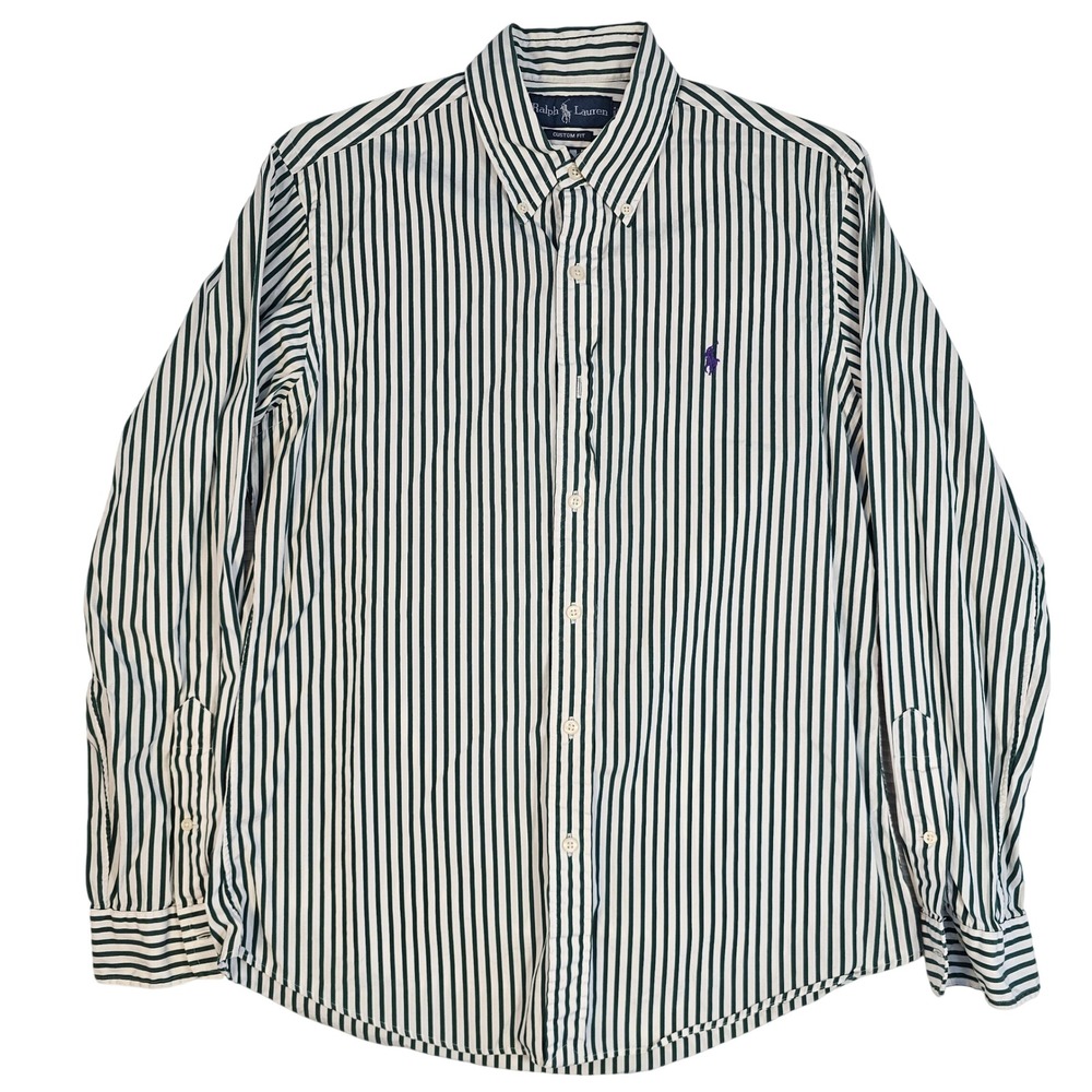 Ralph Lauren Custom Fit Striped Button Down Shirt Mens Medium Green White Pony